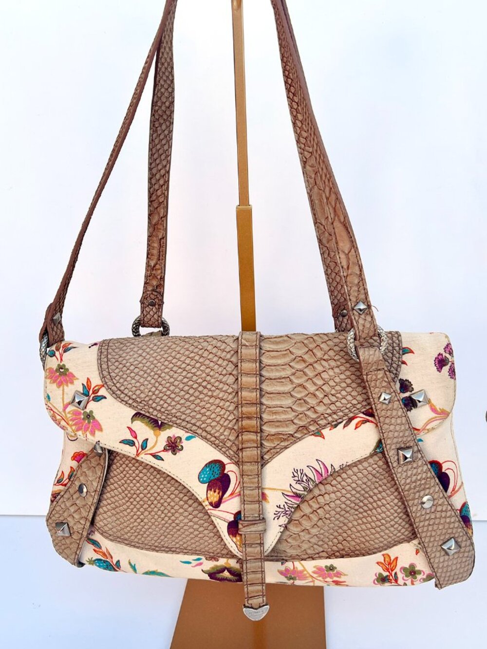 Roberto Cavalli Freedom Y2K Boho Floral Tapestry Snake Shoulder Bag